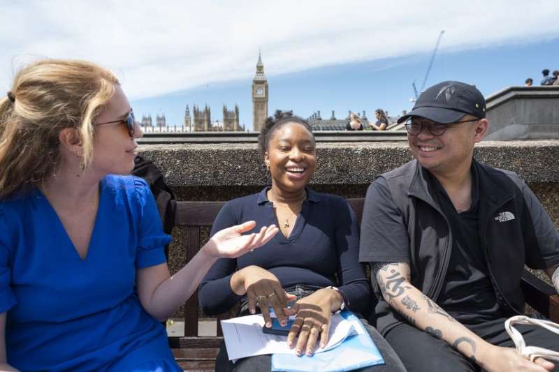 Students chatting with Big Ben in the distance