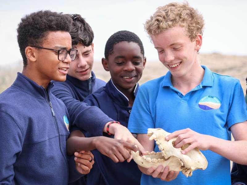 Students examining a hyena skull outdoors with LBS