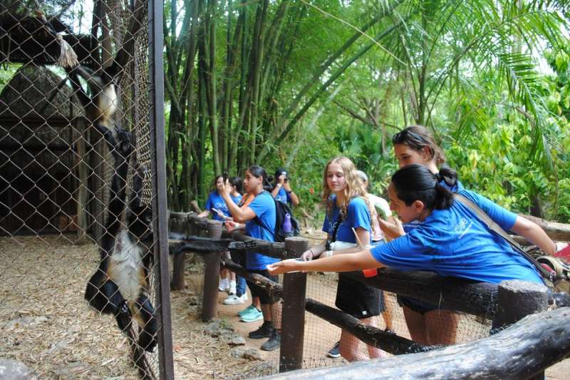 Students feeding monkey at zoo in Merida
