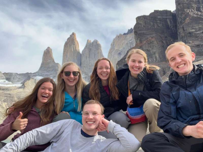 students in Chilean Patagonia with the famous tower mountains