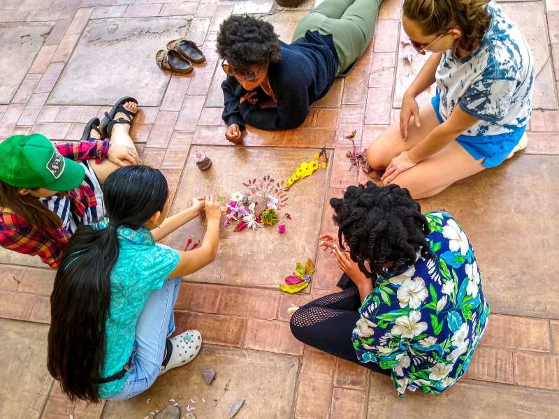 Students making a flower mural