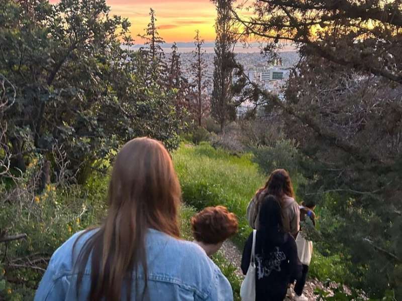 Students on hike at sunset in Athens