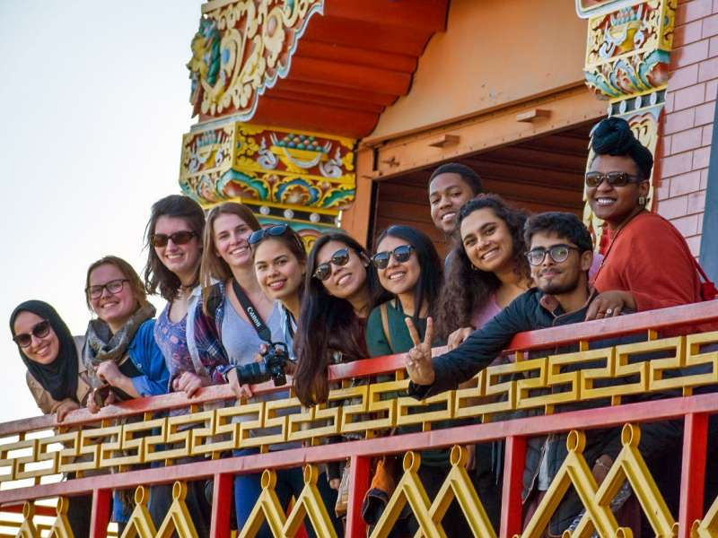 Students on temple balcony
