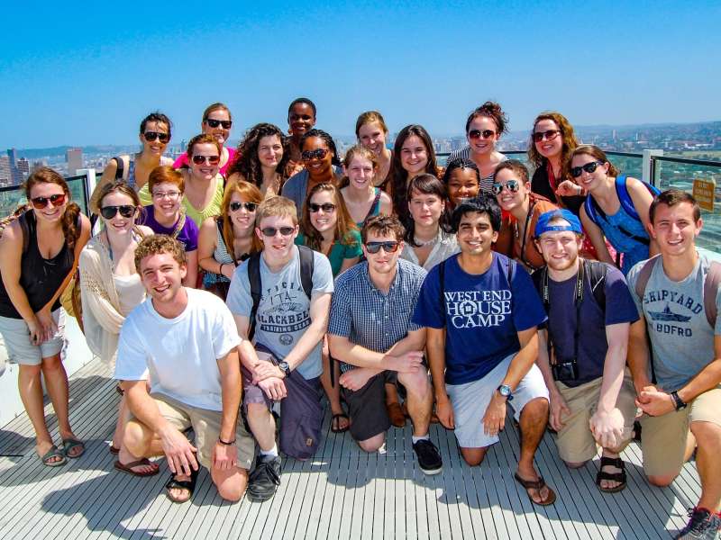 Students pose at the top of the soccer stadium in Durban
