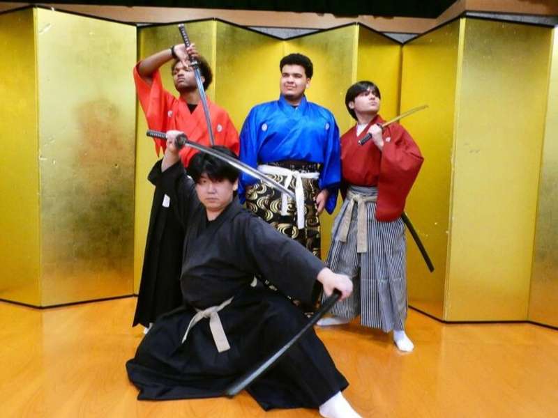Students posing as samurai in Kyoto