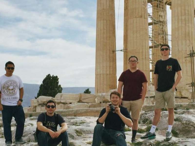 Students posing in front of ruins, Athens.