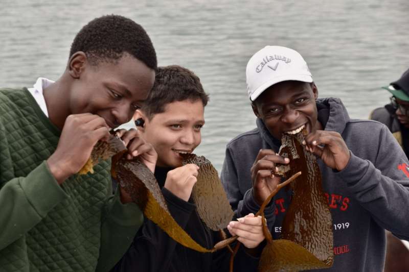 Students tasting kelp on an offshore boat trip