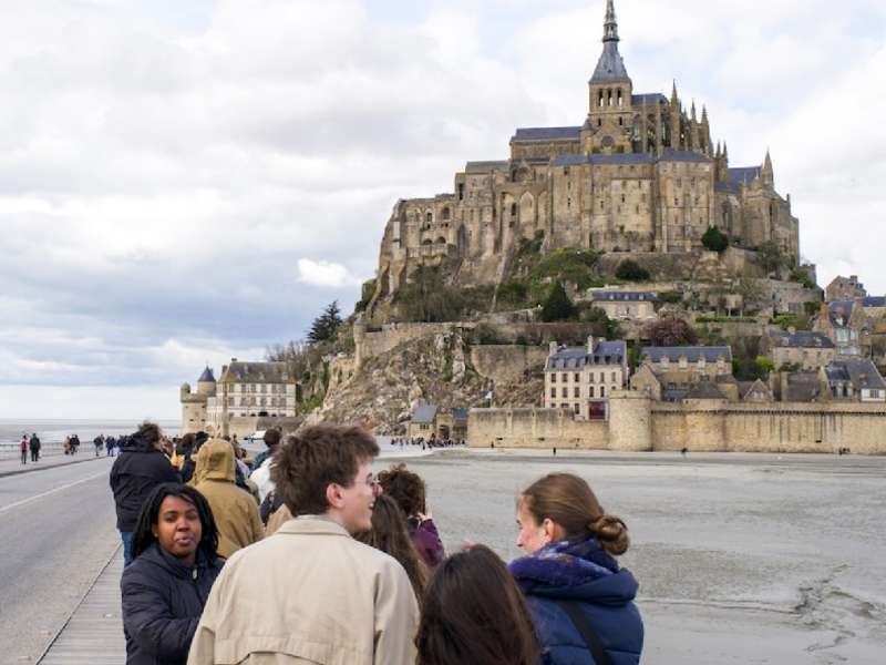 students walking to large castle