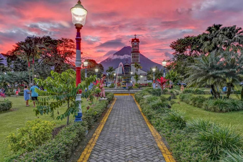 Sunset view of Arenal Volcano from La Fortuna Costa Rica, popular destination for TEFL teachers