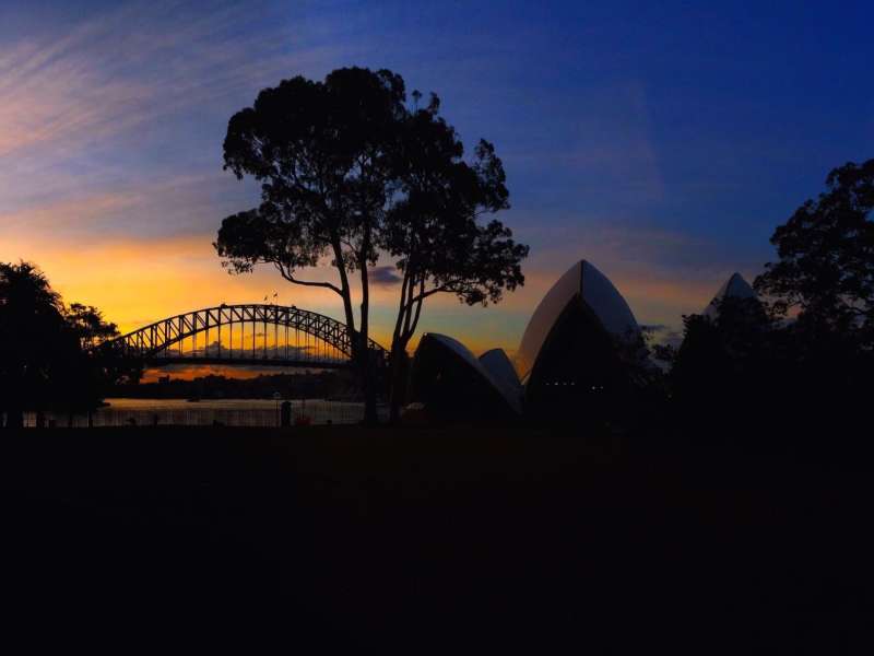 Sydney Bridge and Opera House at dusk