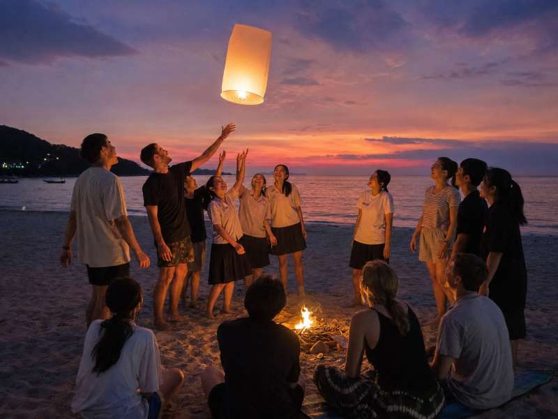 Teachers and Thai students releasing a lantern on the beach