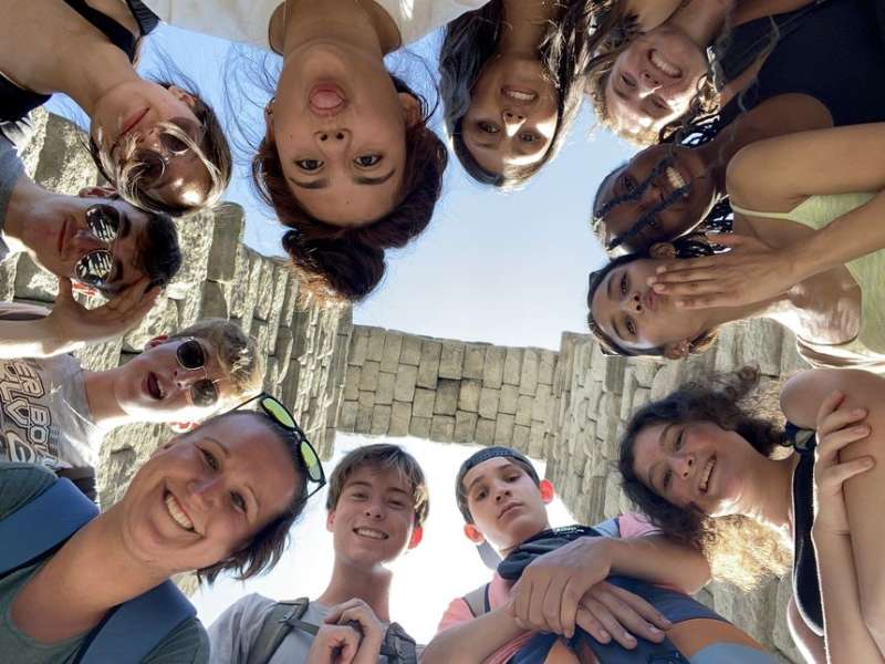 Teens on program posing from above in Barcelona