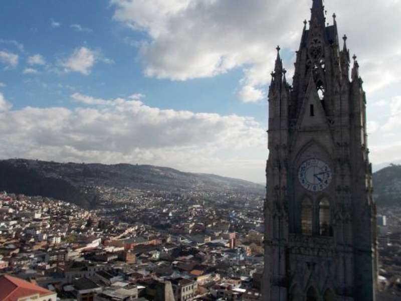 The Basilica and city of Quito, Ecuador from above.