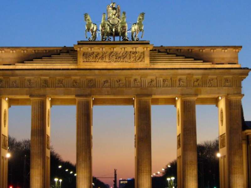 The Brandenburg Gate at dusk in Berlin, Germany.