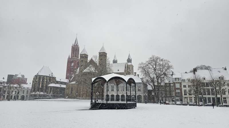 The Vrijthof square in Maastricht on a snowy day in winter