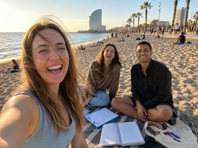 Three young teachers studying together on Barceloneta Beach