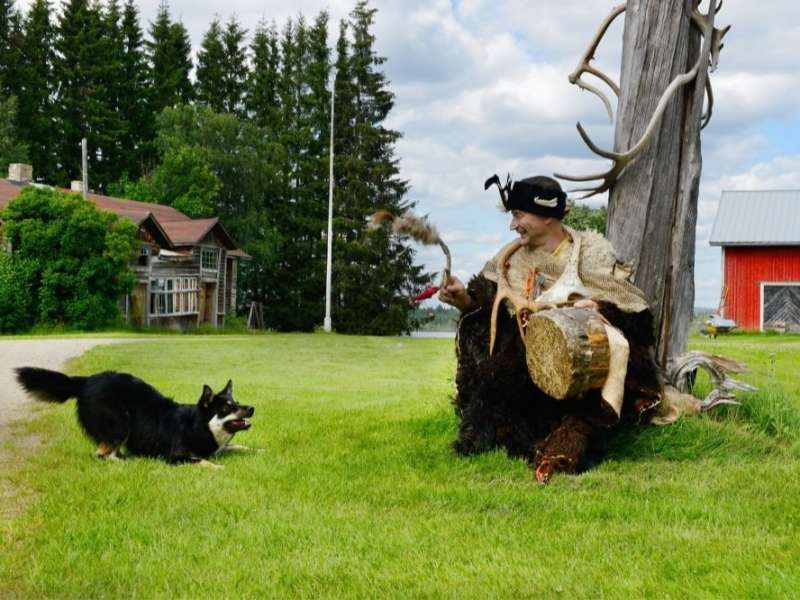 Traditional shaman and dog in Finland