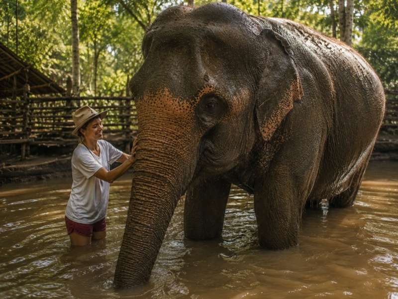 Traveller bathing an elephant at an ethical sanctuary