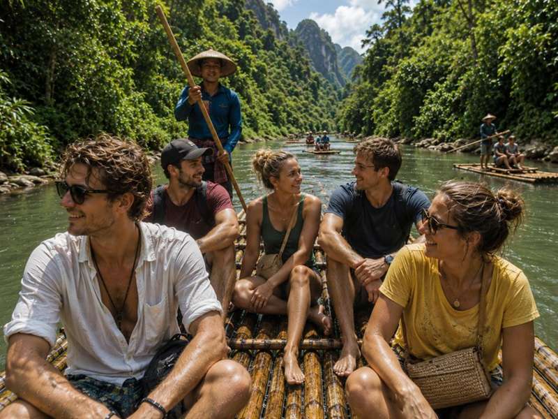 Travellers bamboo rafting through the Thai rainforest
