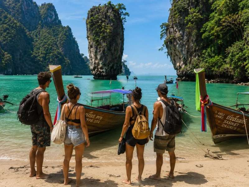 Travellers beside longtail boats on a tropical Thai beach