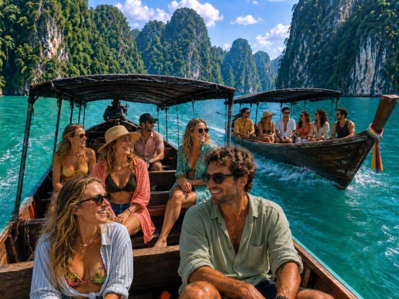 Travellers cruising between limestone islands in Thailand