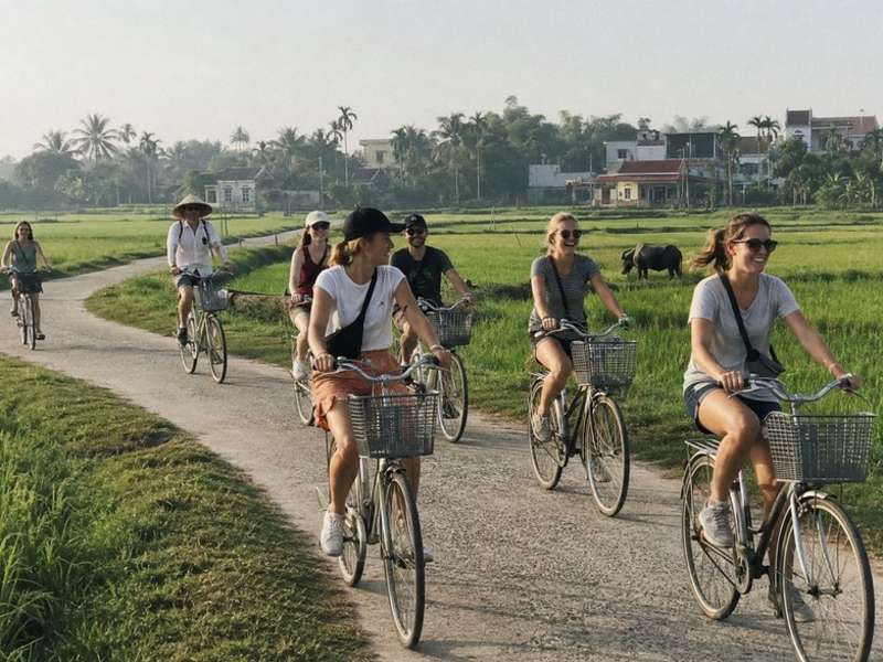 Travellers cycling through rural rice fields in Vietnam