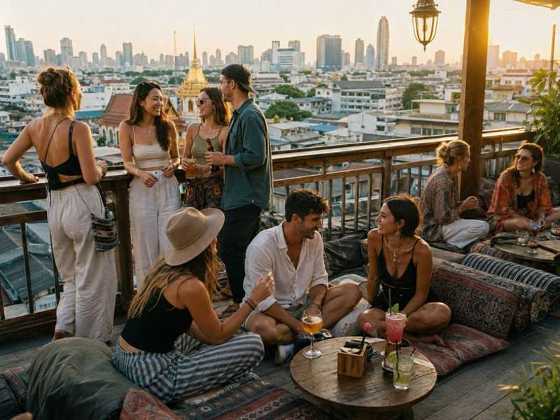 Travellers enjoying sunset drinks at a Bangkok rooftop bar