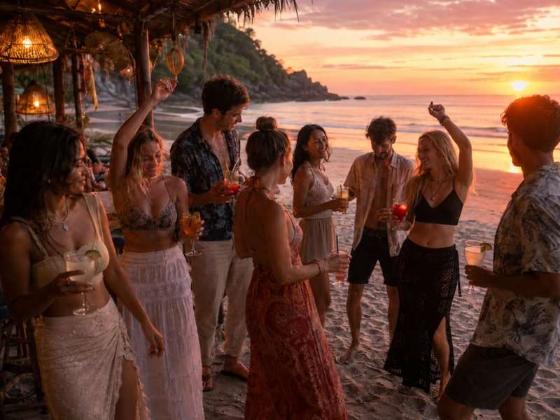 Travellers enjoying sunset drinks at a Thai beach bar