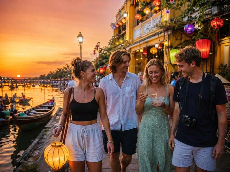 Travellers exploring Hoi An riverside at sunset