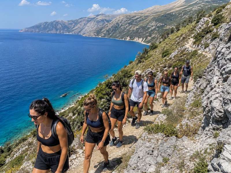 Travellers hiking a coastal mountain trail in Albania