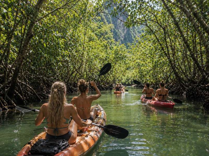 Travellers kayaking through a mangrove forest in Thailand