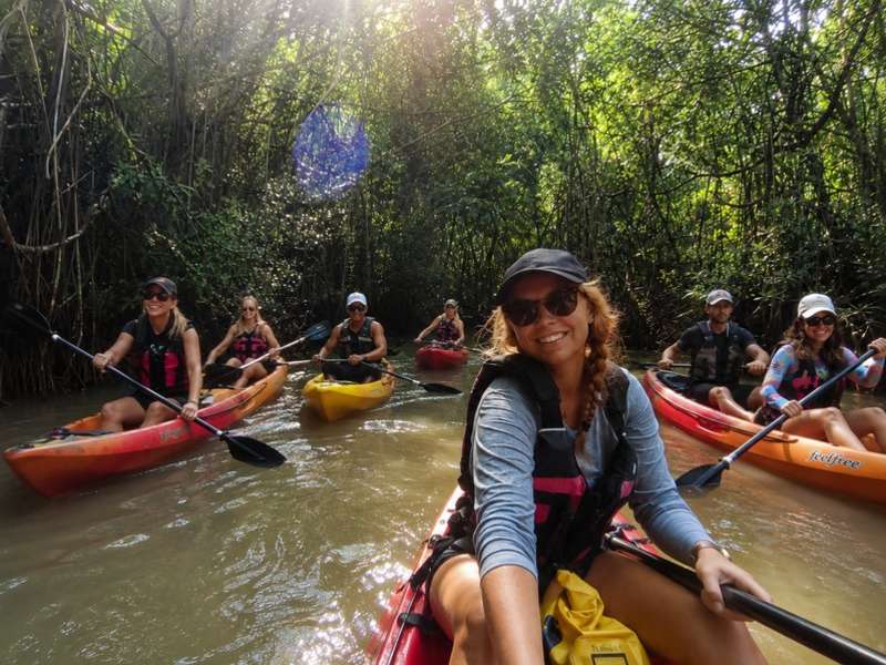Travellers kayaking through a mangrove forest in Thailand
