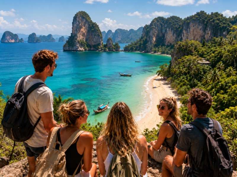 Travellers overlooking a tropical beach in southern Thailand