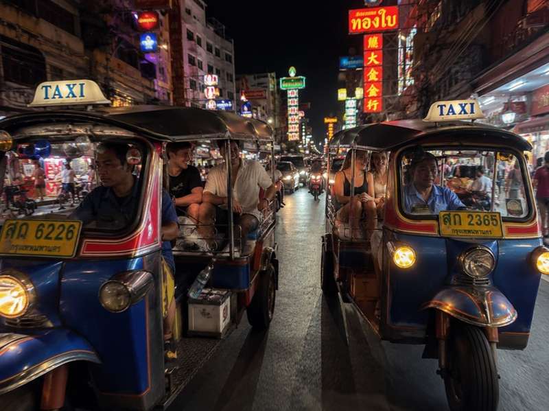 Travellers riding tuk tuks through Bangkok at night