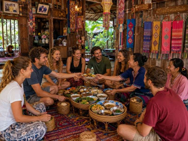 Travellers sharing a traditional Thai meal with locals