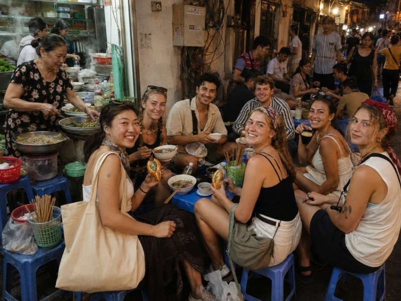 Travellers sharing Vietnamese street food in Hanoi