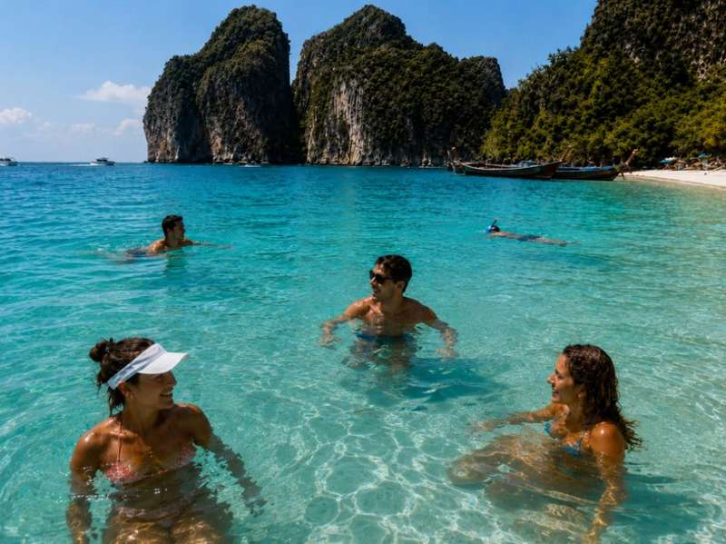 Travellers swimming in clear tropical water in Thailand