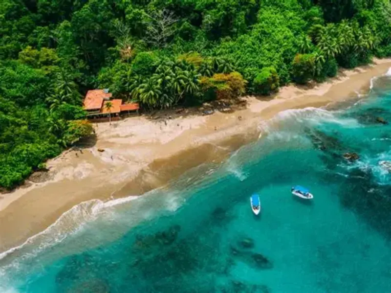 Tropical beach with palm trees and boats in Costa Rica, a popular destination for TEFL teachers