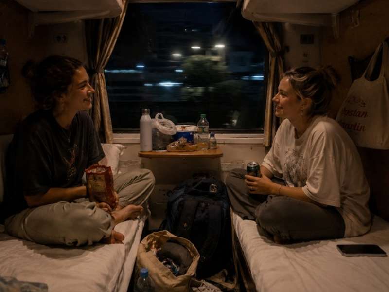 Two travellers relaxing aboard an overnight train in Vietnam