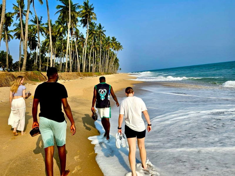 Two volunteers and two staff members walk in the waves along a golden beach, lined with palm trees. 