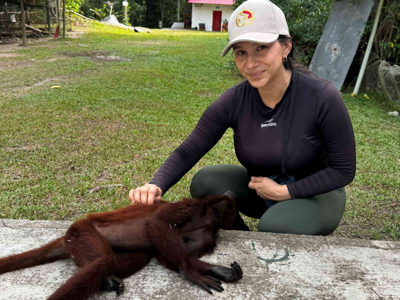 volunteer with a howler monkey