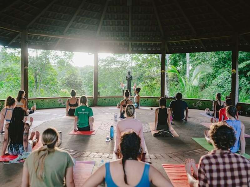 Volunteers doing yoga on a local yoga deck in the jungle of Costa Rica