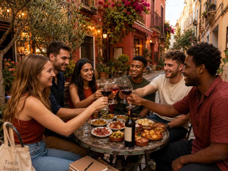 Young teachers enjoying wine and tapas on a Spanish street