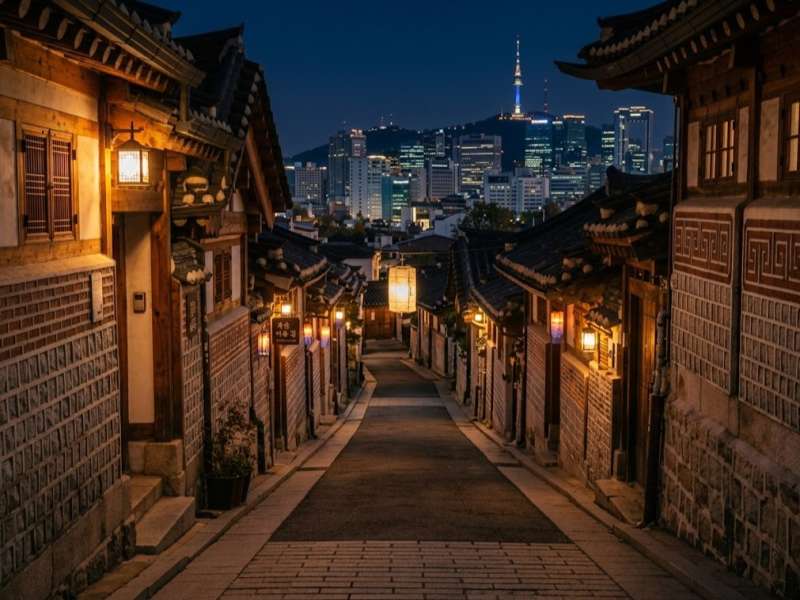 Young traveller taking photos in Bukchon Hanok Village Seoul