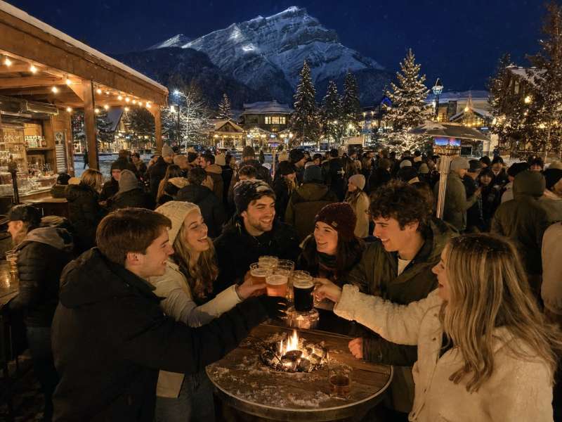 Young travellers socialising at an outdoor winter bar in Banff