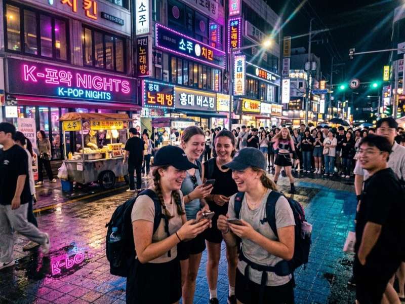 Youth travellers enjoying K-pop street performances in Hongdae